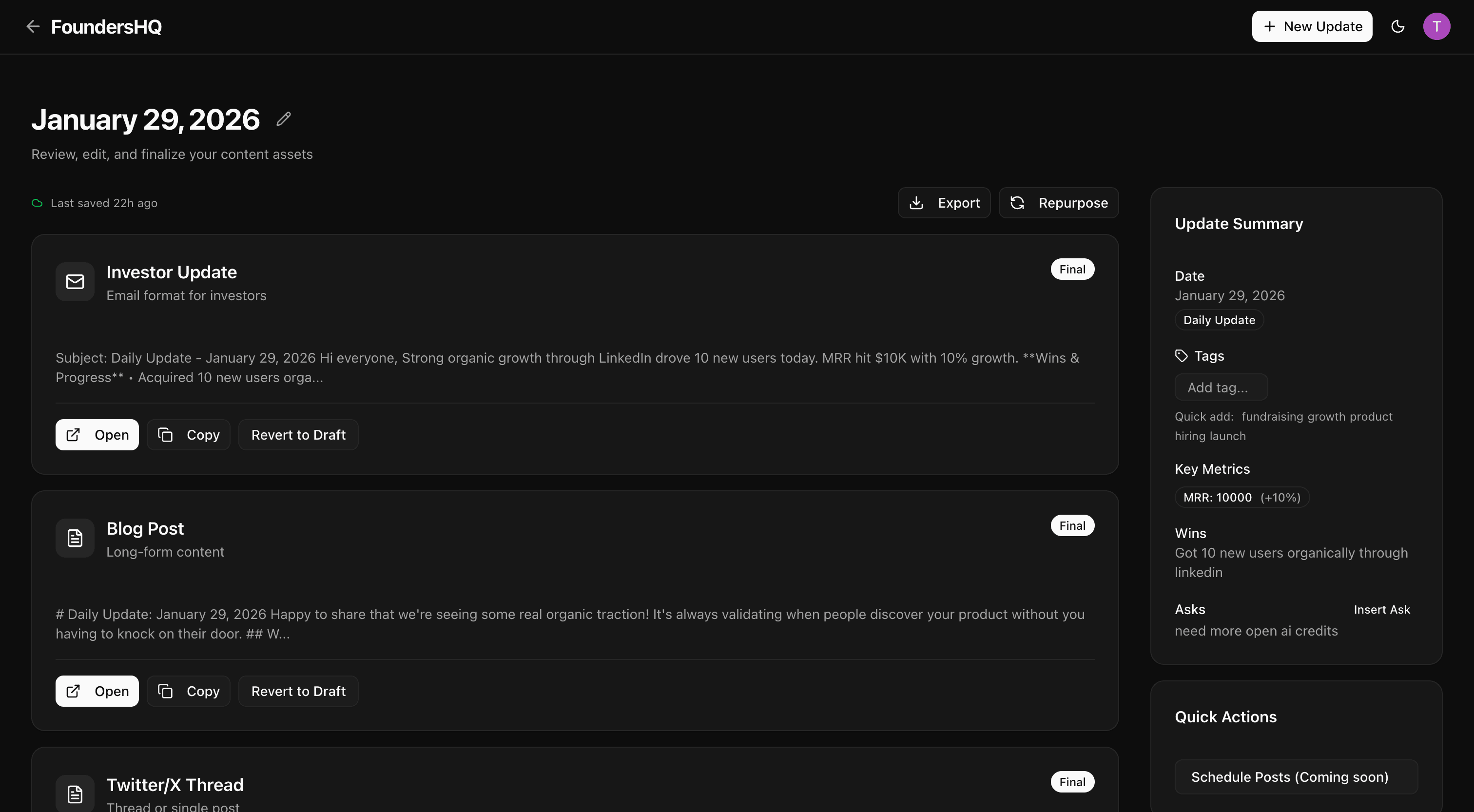 FoundersHQ dashboard showing generated investor update, blog post, and Twitter thread