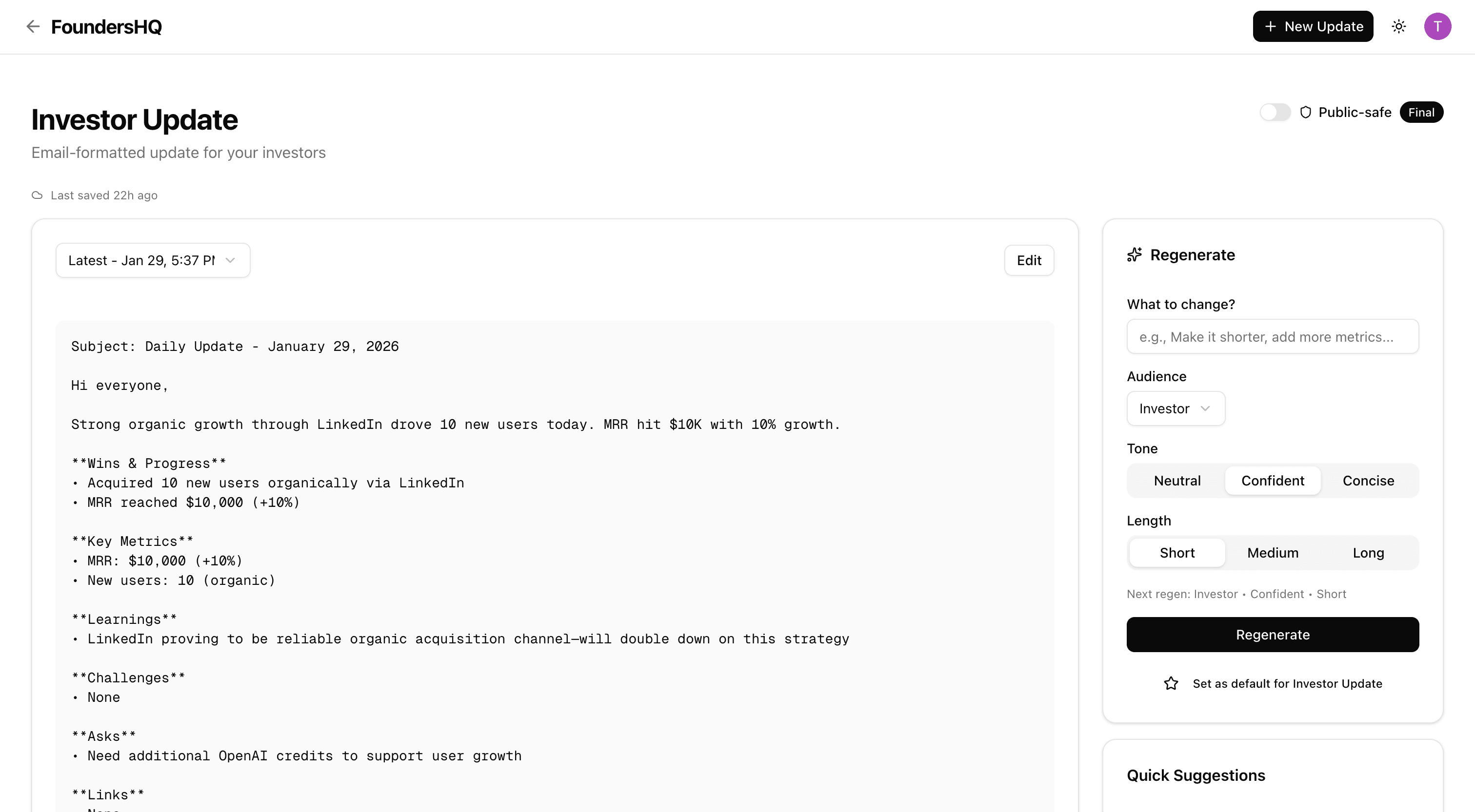 Investor update with regeneration controls